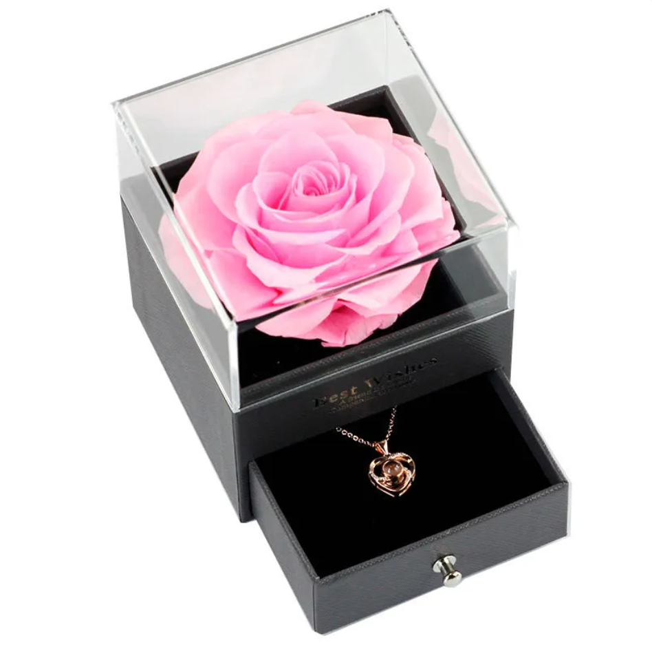 Preserved Rose Jewelry Box with Necklace – Luxury Gift for Her | 12 Colors
