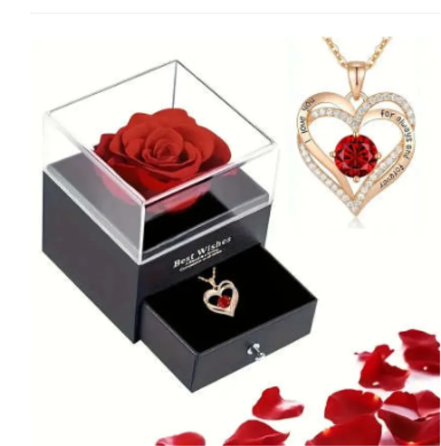 Preserved Rose Jewelry Box with Necklace – Luxury Gift for Her | 12 Colors