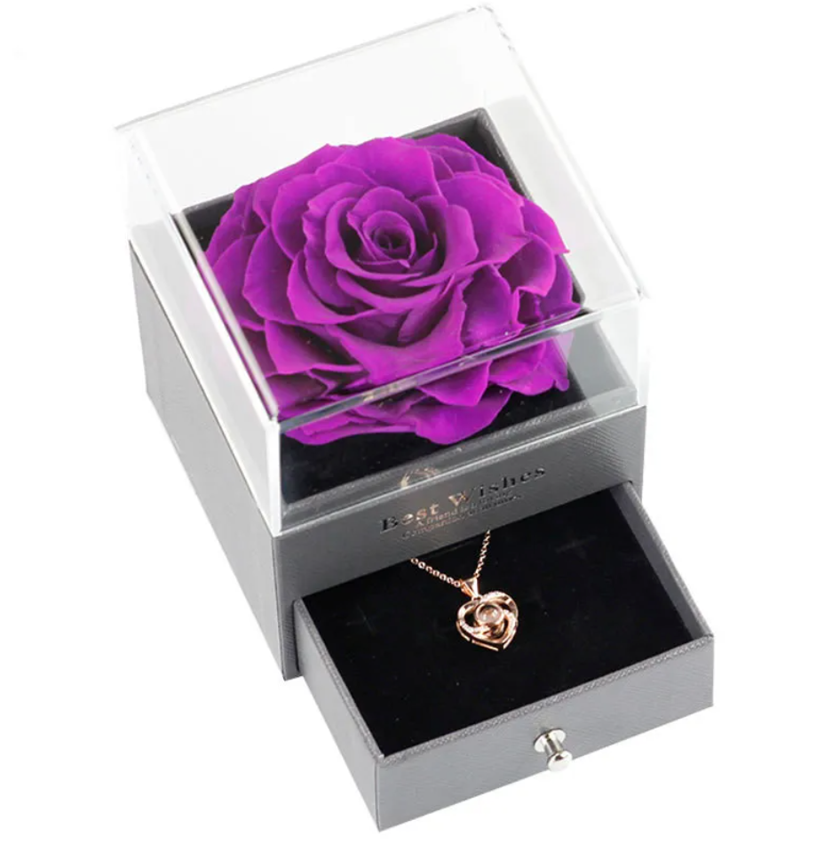 Preserved Rose Jewelry Box with Necklace – Luxury Gift for Her | 12 Colors