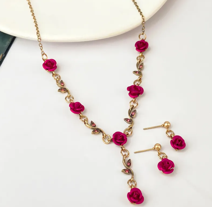 Vintage Rose Jewelry Set – Bracelet, Necklace & Earrings | Romantic Gift for Her