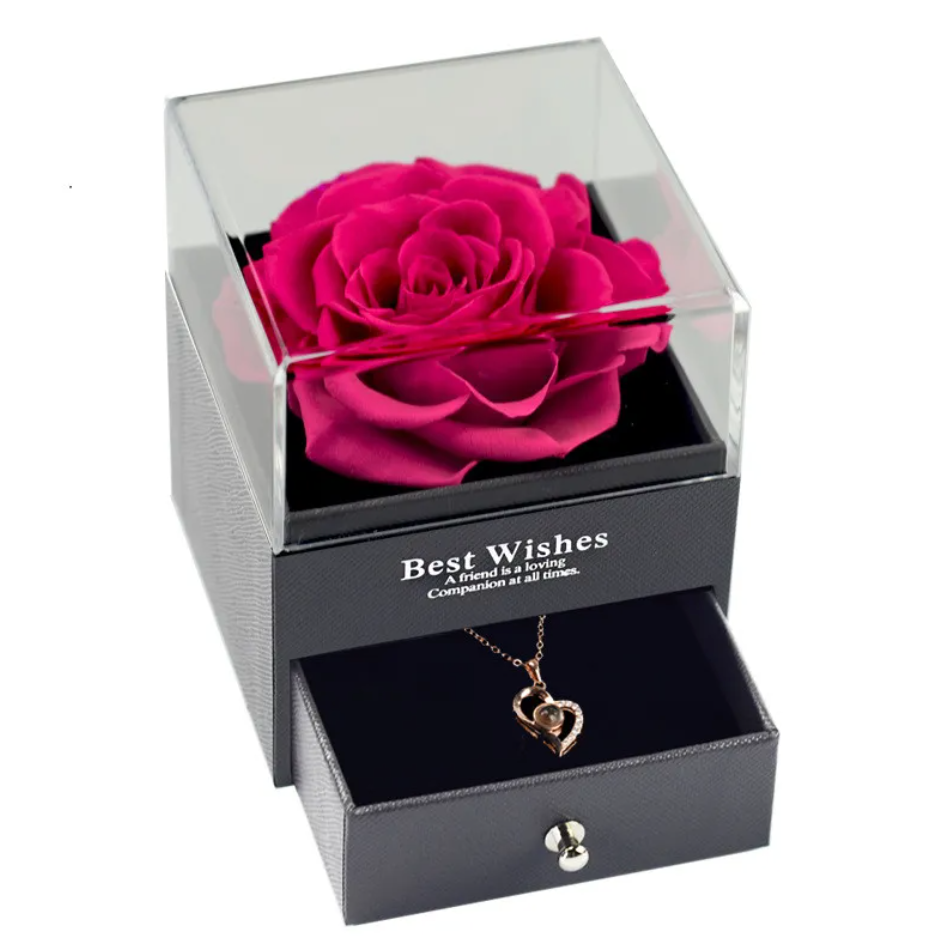 Preserved Rose Jewelry Box with Necklace – Luxury Gift for Her | 12 Colors