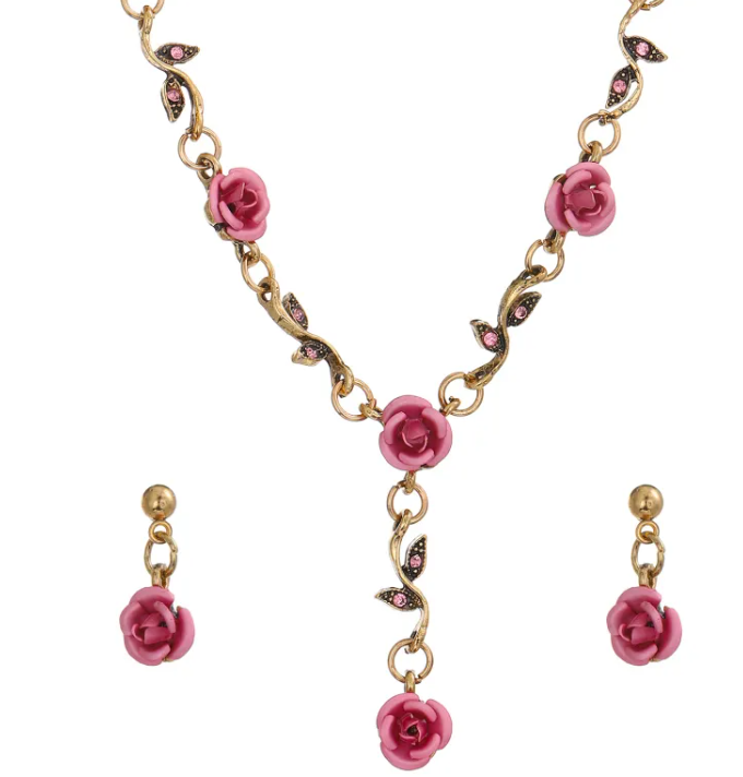 Vintage Rose Jewelry Set – Bracelet, Necklace & Earrings | Romantic Gift for Her