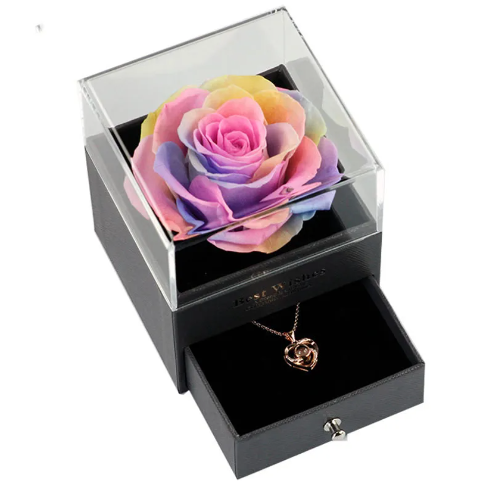 Preserved Rose Jewelry Box with Necklace – Luxury Gift for Her | 12 Colors