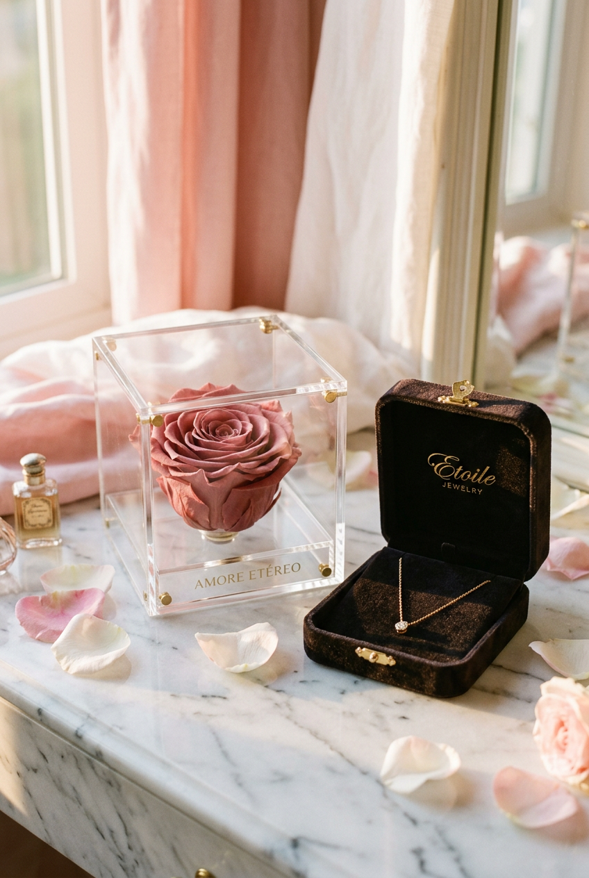 Preserved rose in acrylic case with elegant jewelry box lifestyle photo