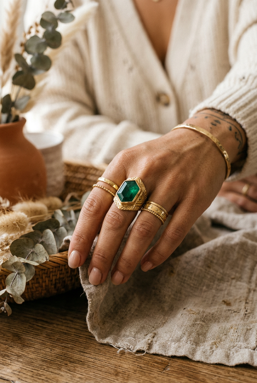 Hand wearing emerald green bohemian statement ring stacked with gold rings lifestyle photo