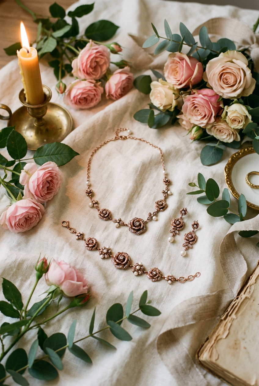 Vintage rose jewelry set romantic flat lay lifestyle photo