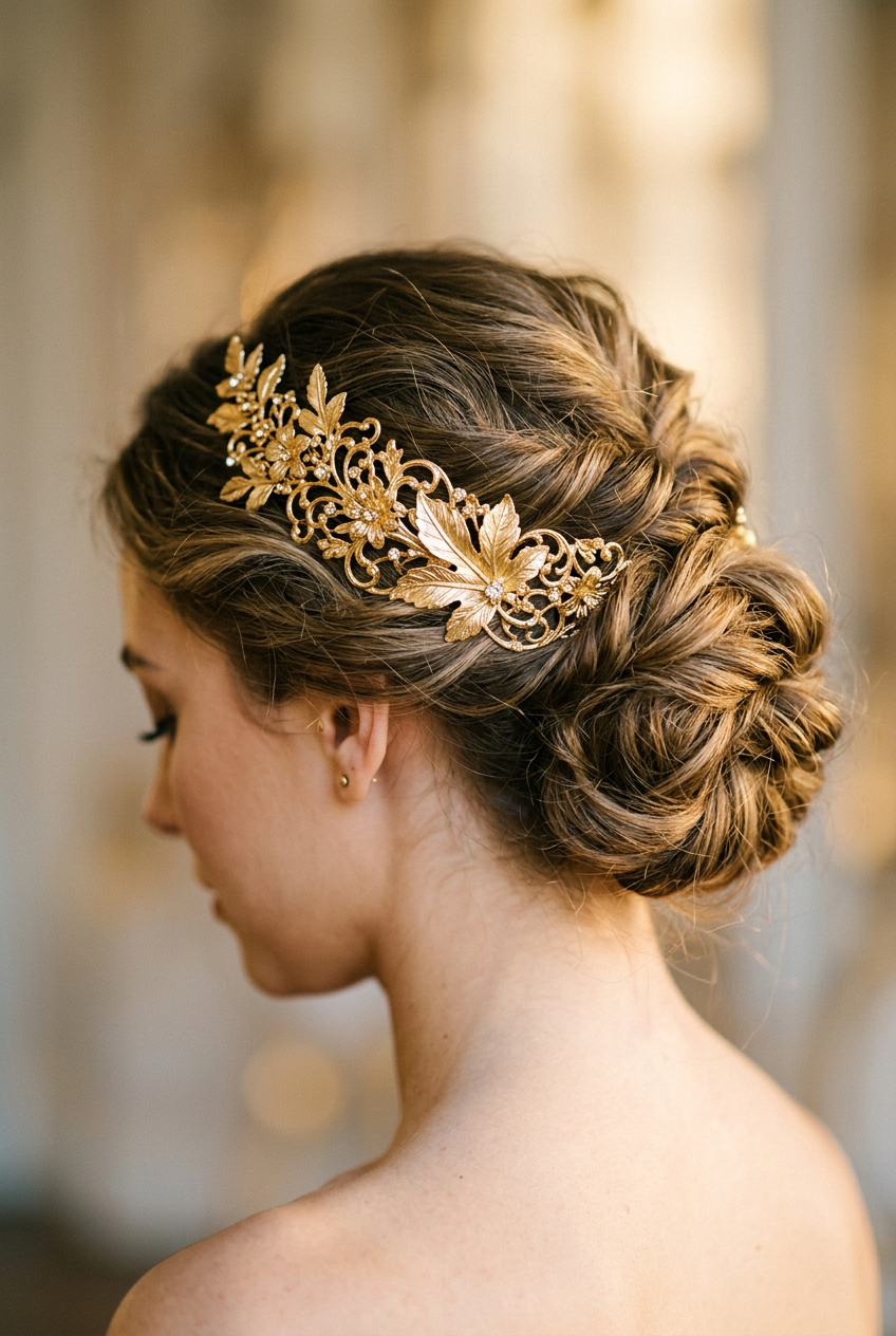 Woman's elegant updo with gold baroque leaf headdress hair accessory lifestyle photo